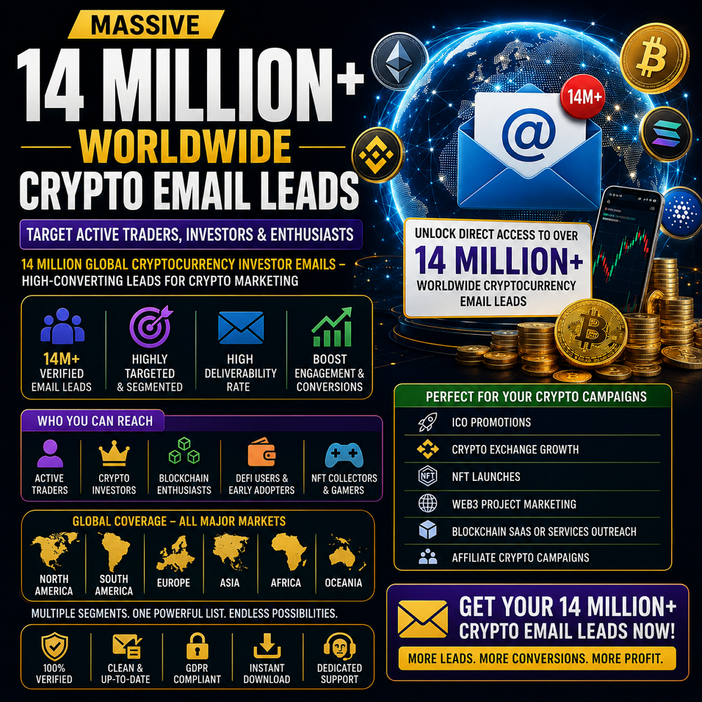 14 Million Worldwide Crypto Email Leads – Target Active Traders, Investors & Enthusiasts