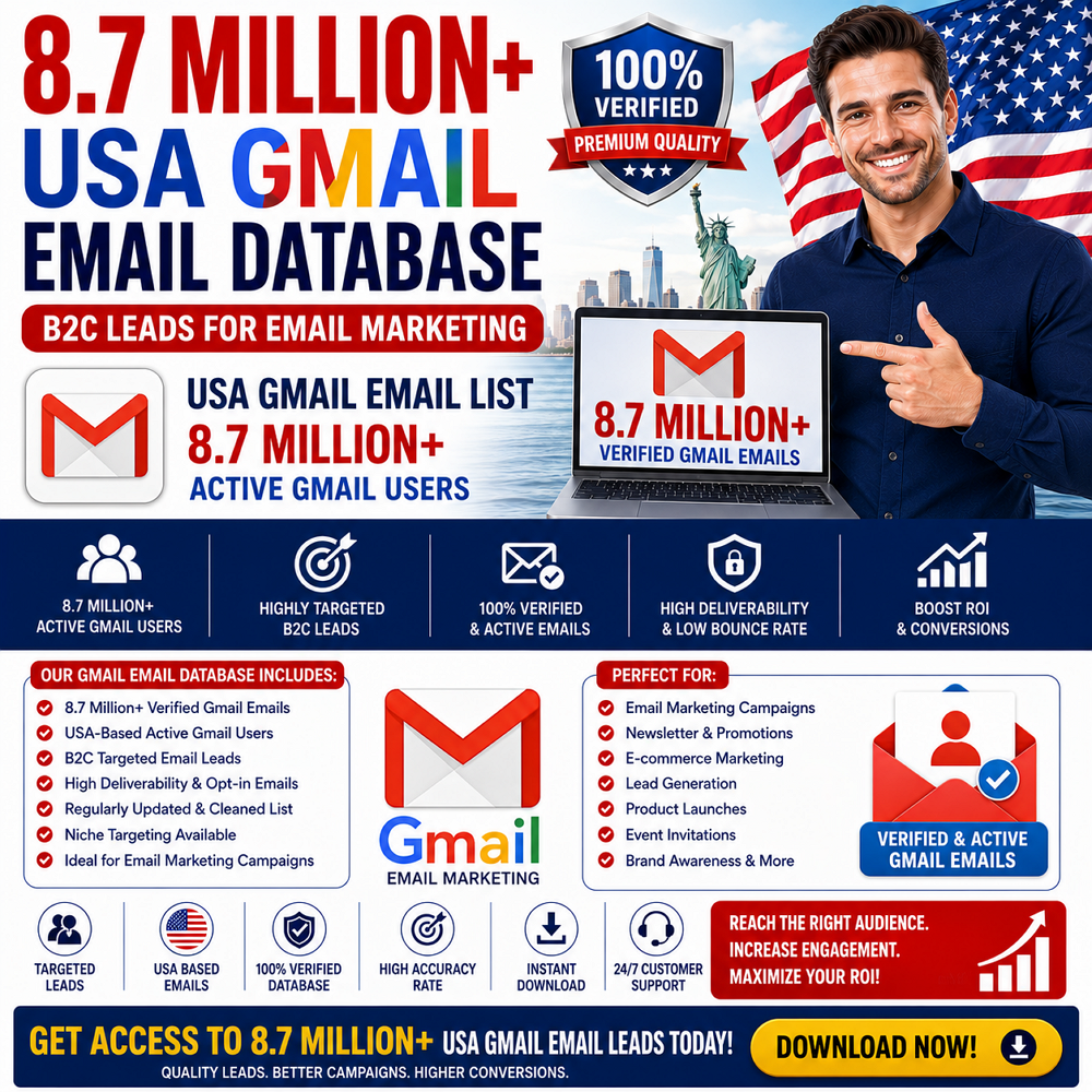 8.7 Million USA Gmail Email Database – B2C Leads for Email Marketing