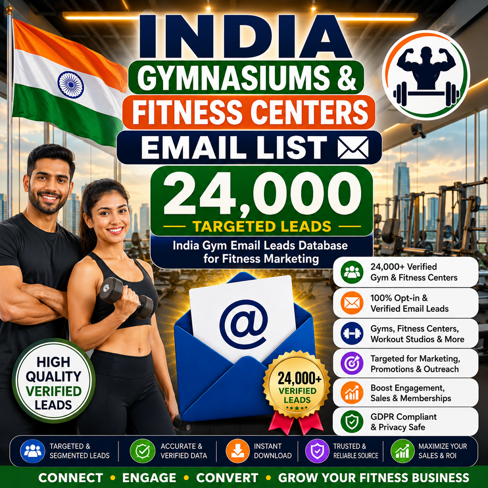 India Gymnasiums & Fitness Centers Email List (24,000 Leads)